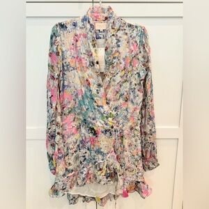 NWT ROCOCO SAND MUTLICOLOR SILVER ACCENT WRAP MINI DRESS. MEDIUM. LONG SLEEVE